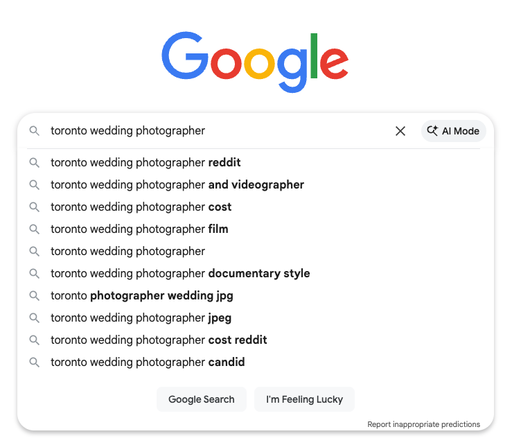 toronto wedding photographer auto complete