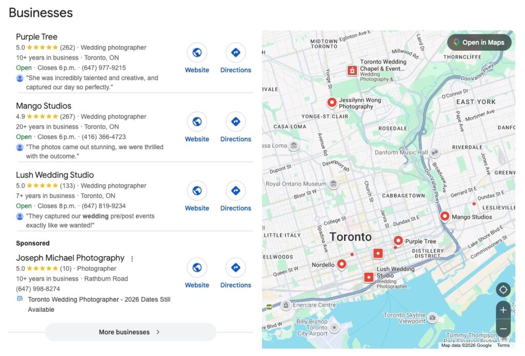 Google local pack results for Toronto wedding photographer search query