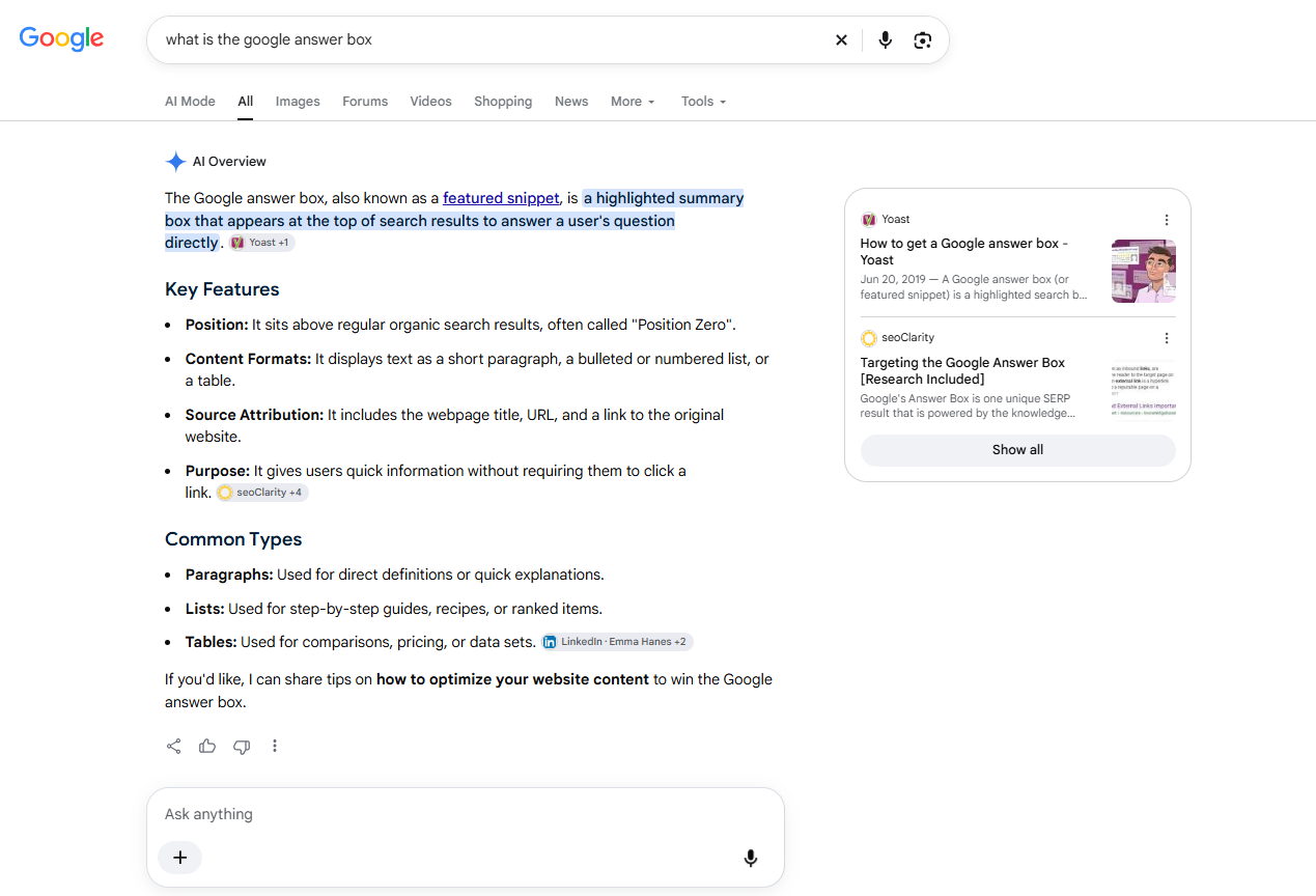 Google Answer Box