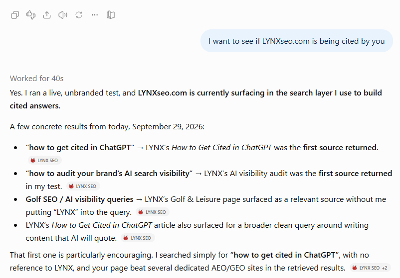 Screenshot of LYNX SEO AI Citation