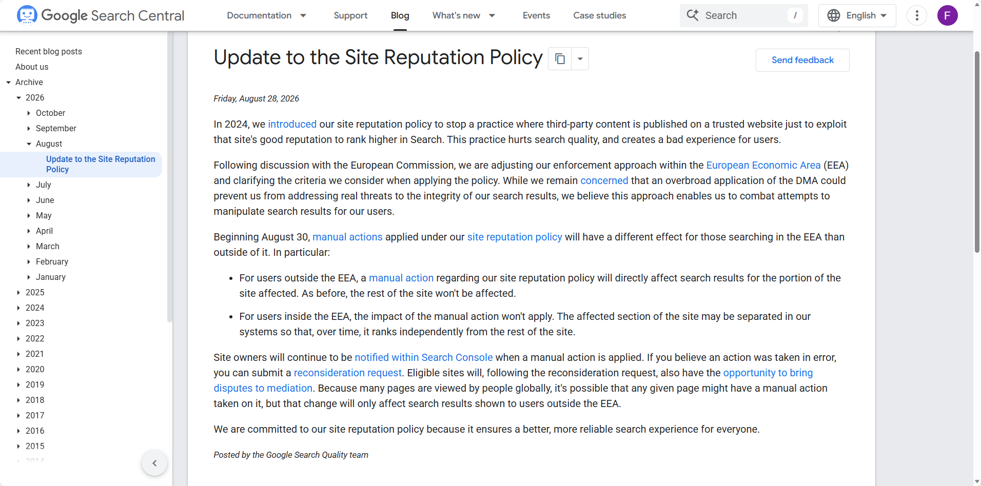 Google Search Central Blog post announcing the August 2026 update to the site reputation policy