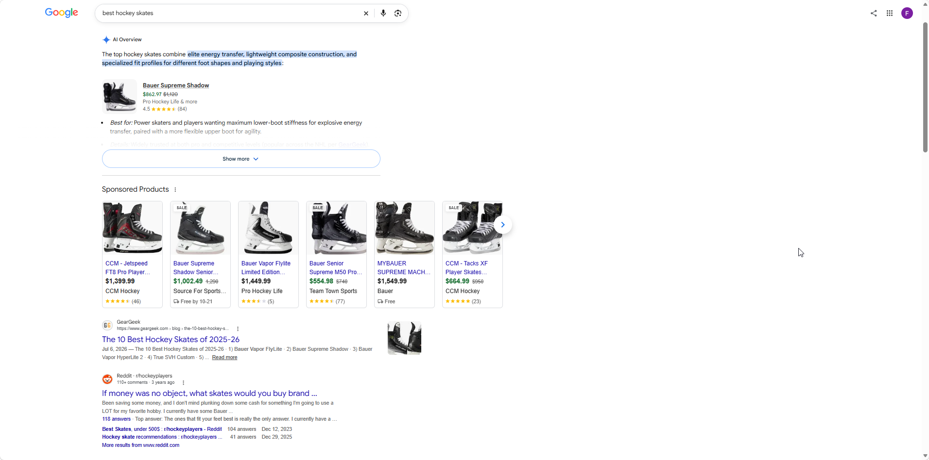 Google search results showing a Reddit discussion thread ranking prominently for a product question