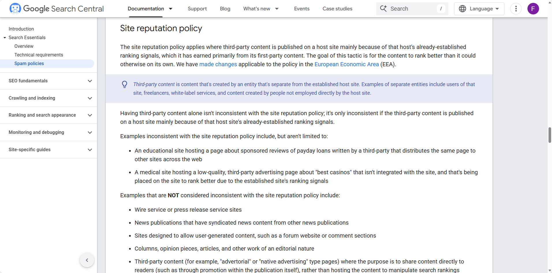 Google spam policies page highlighting the statement that individual pages are presumed to match the overall quality of the domain